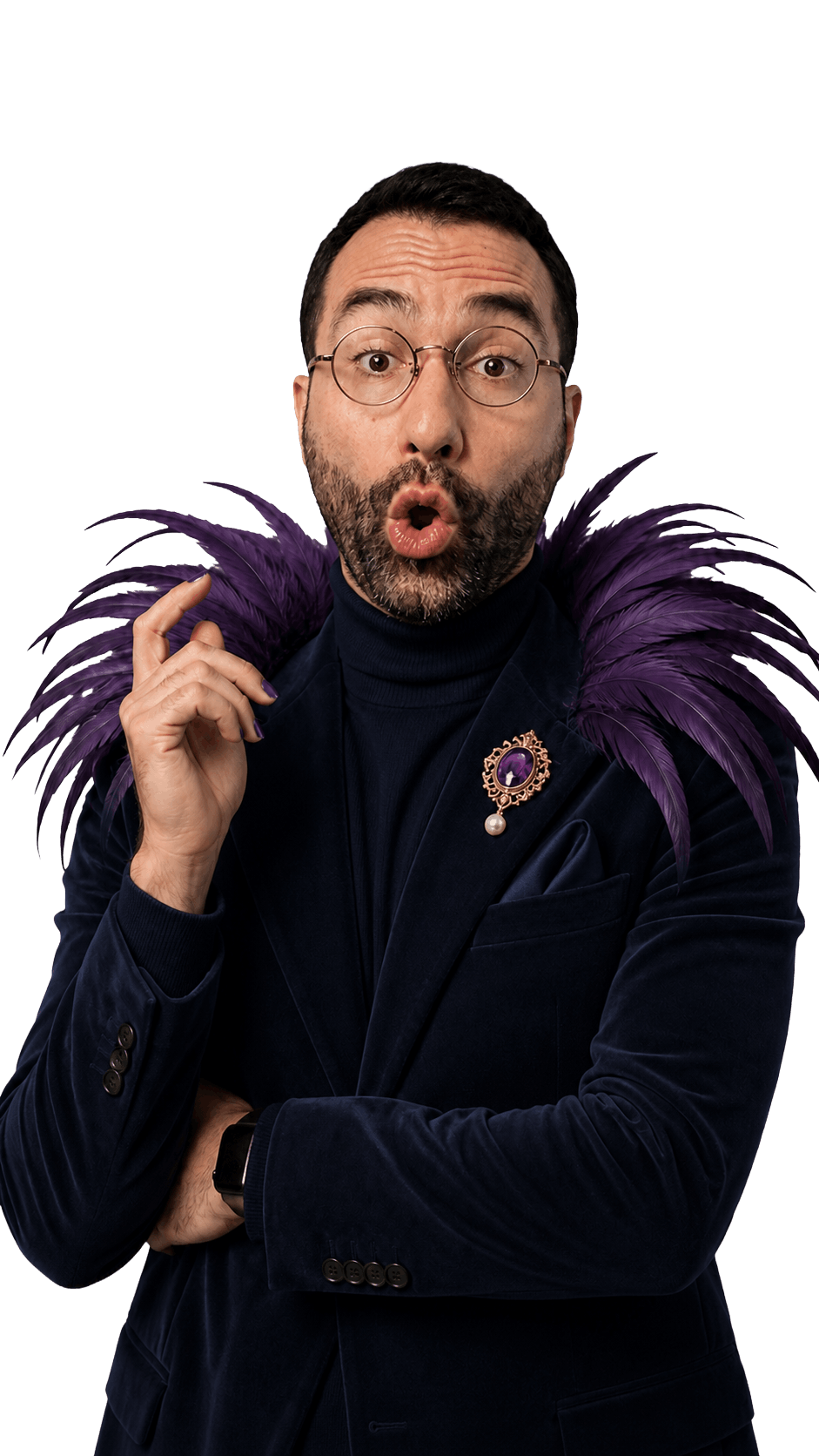 Playful portrait of Francesco in a navy velvet blazer with dramatic purple feathers and an amethyst brooch, eyebrows raised in surprise.